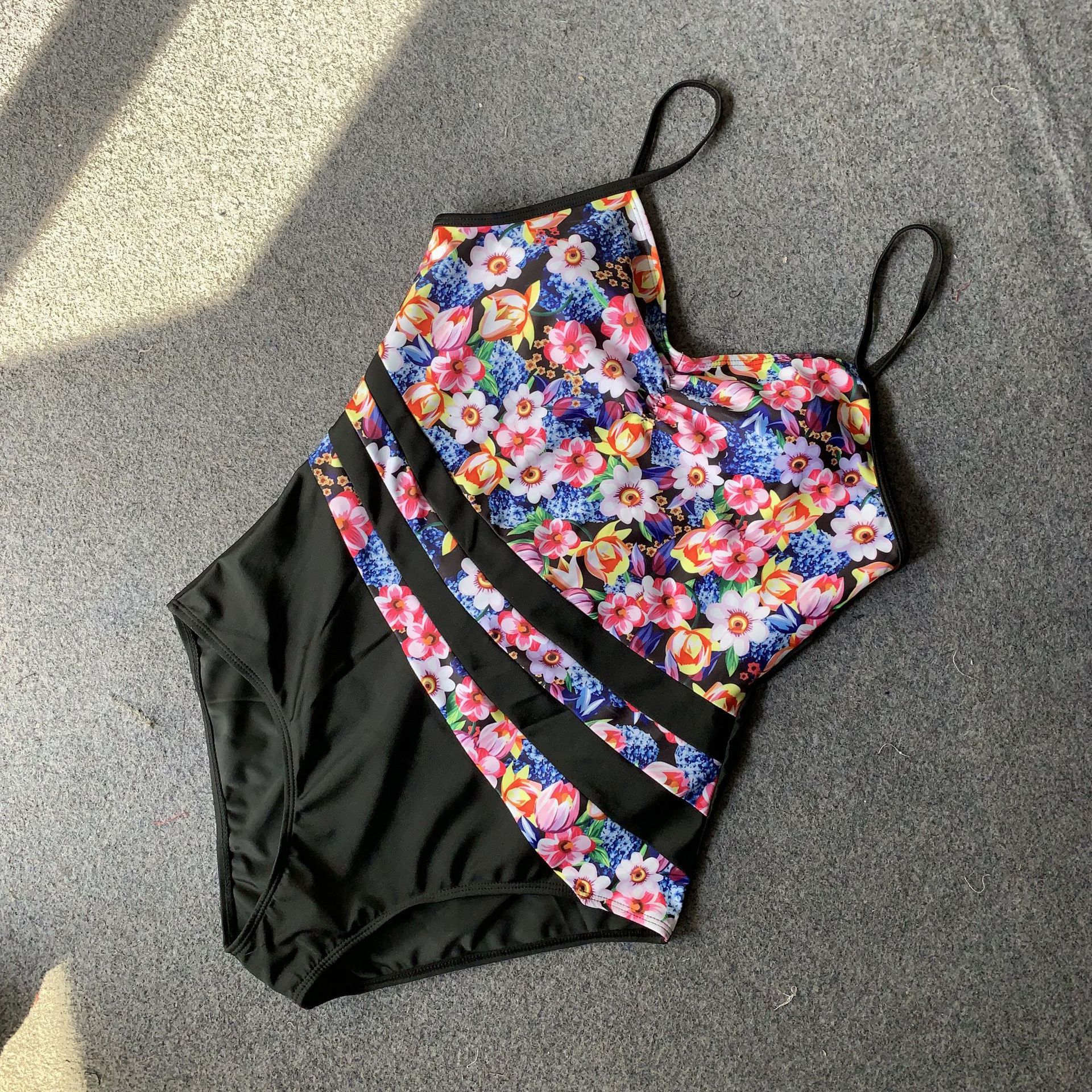 contrast stitching floral one-piece swimsuit  NSHL42444