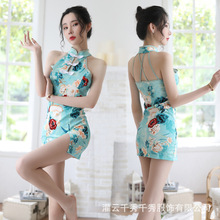 花鶯情趣內衣性感女式中國風旗袍套裝鏤空包臀印花圖案誘人開衩騷