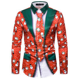 新款圣诞节3D假两件领带印花时尚男士3D长袖衬衫 SD08