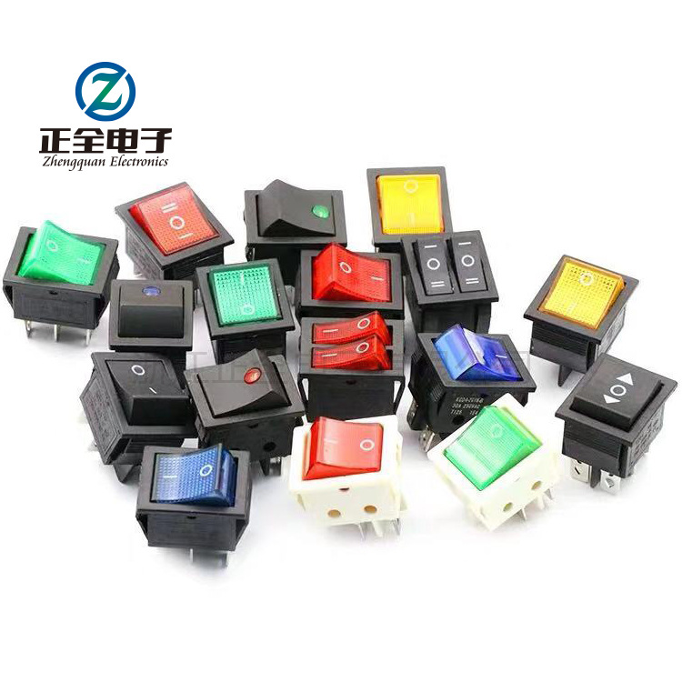 现货船型开关4PN红色带灯 两档四脚KCD4 双刀翘板电源25*31