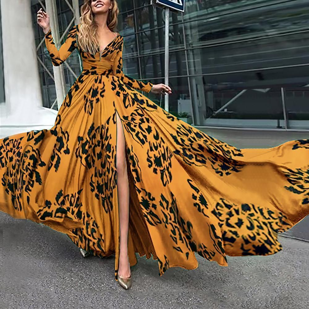 2020 Summer European and American foreign trade women's cross-border new ebay deep v-neck long sleeve printed large swing dress New