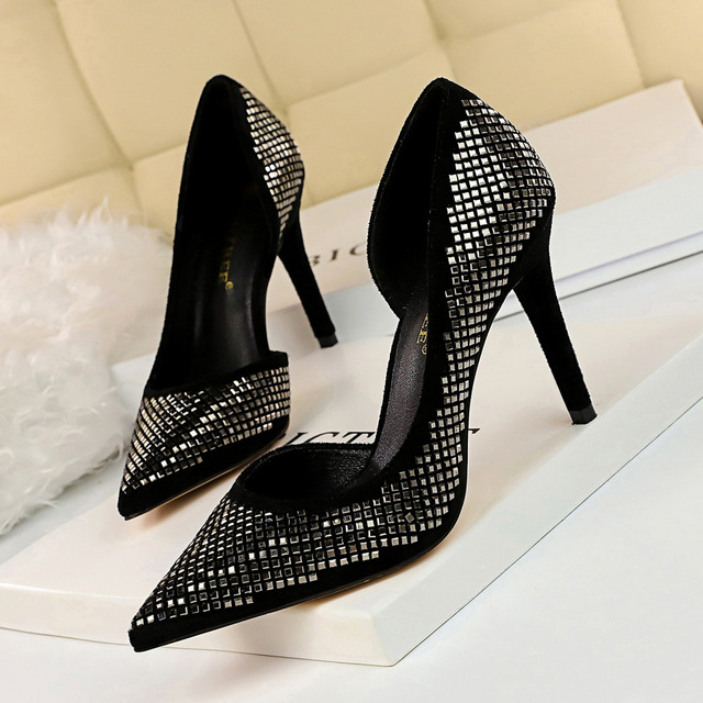Sexy Slender High heel Side Hollow Suede Shallow Point Metal Sequins