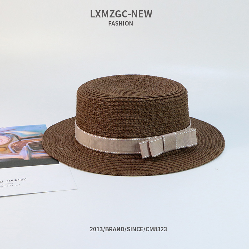 105g Weight Housewarming, Anniversary, Business, Wedding, Birthday, Festival Occasion Unisex Gender Basic Style Khaki, Coffee, White, Pink Color Summer Casual Sunscreen Flat Bow Woven Parent-child Straw Hat 5
