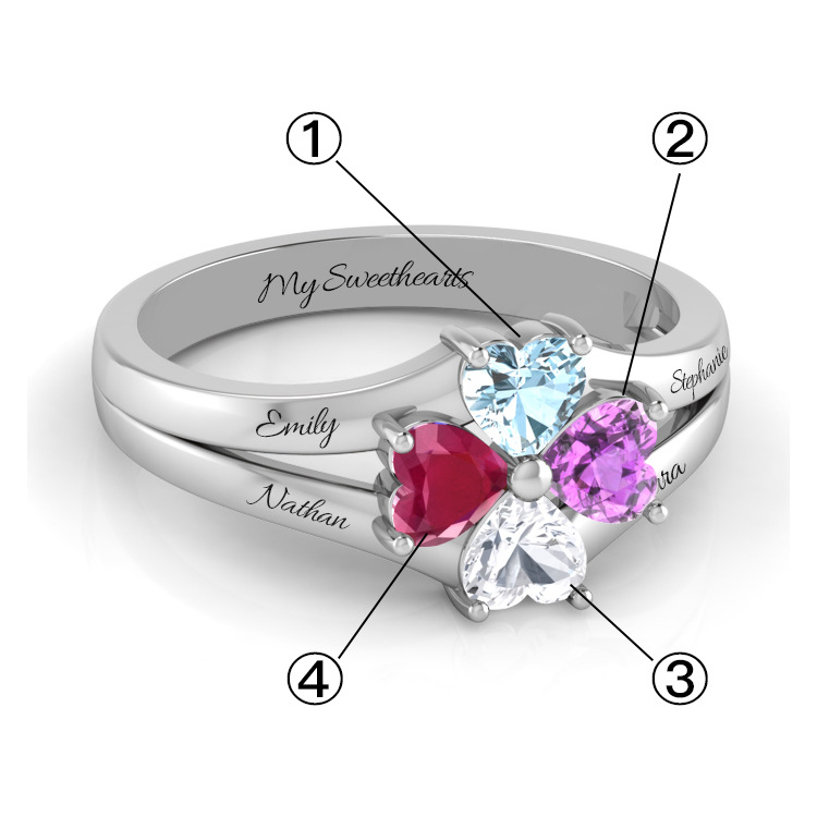 925 Silver Four-heart-shaped Ring Jewelry 12 Kinds Of Birthday Gems Custom Support Engraving