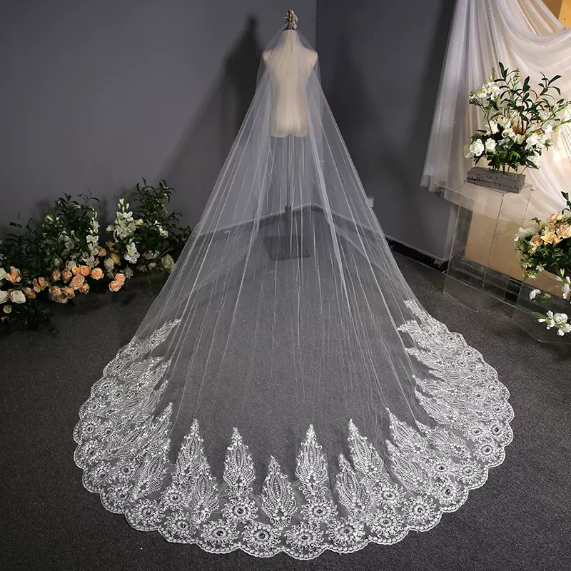 ins抖音新娘结婚长款拖地头纱批发 唯美蕾丝花边长拖尾头纱