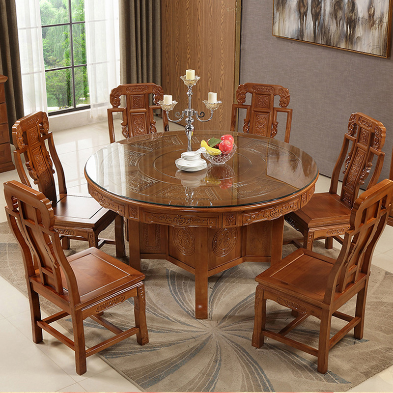 Full wood Chinese round dining table, chair, chair combination hotel restaurant household classical dining table Mingqing imitation ant carved dining table