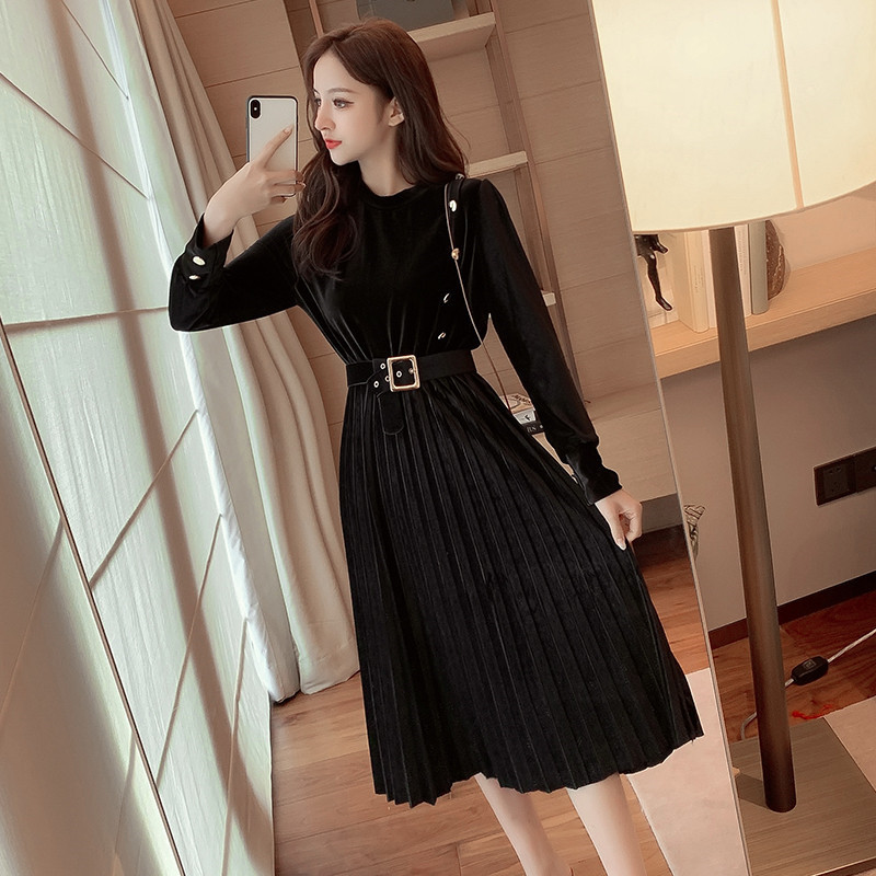 女装春秋打底A字裙 韩版时尚气质修身显瘦金丝绒圆领中长款连衣裙