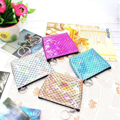 New fish scale zipper coin purse, laser shooter bag, creative student short bank card bag wholesale