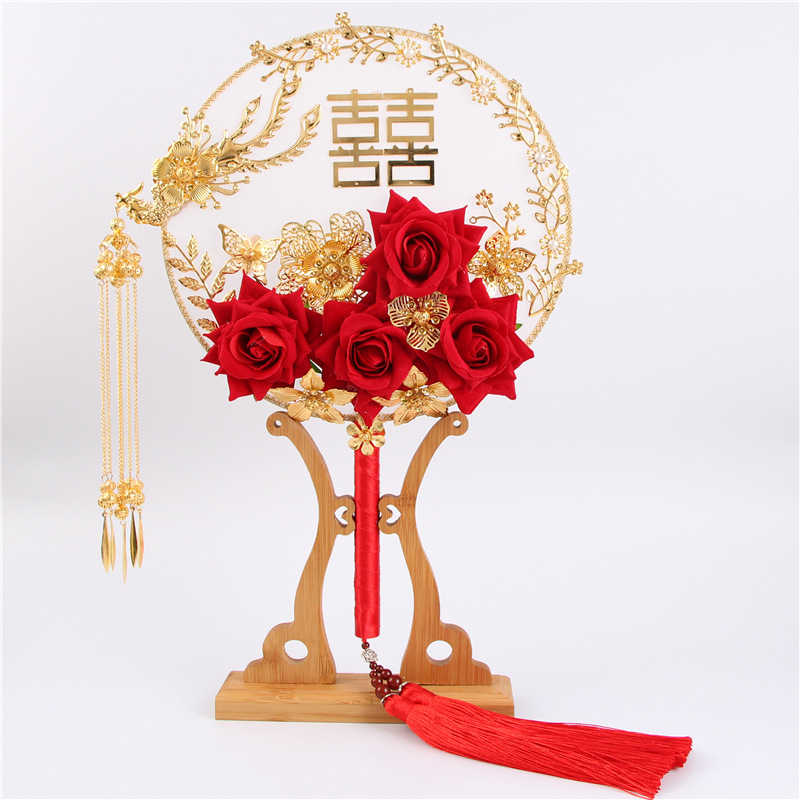 中式新娘结婚头饰复古风秀禾服手捧花扇汉服手工双喜伴娘团扇成品