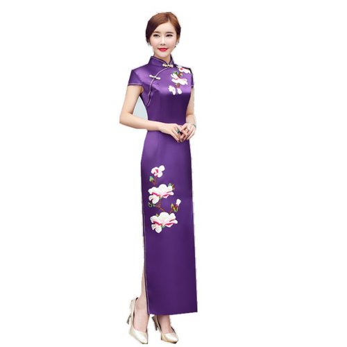 Flowers chinese dresses for women girls chinese retro qipao catwalk stage long qipao dress necklines of cultivate  morality show 