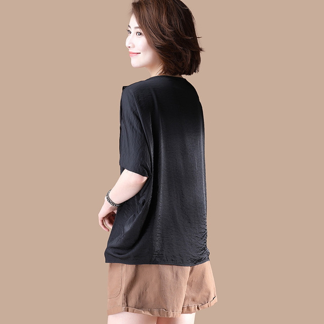 Round-collar Top Women’s Chiffon Black T-shirt Short-sleeve Summer 