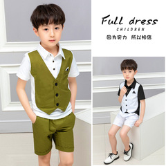 Children's summer new clothing factory direct sale boy set with faux vest two-piece set, one piece drop shipping children's clothing with stand-up collar