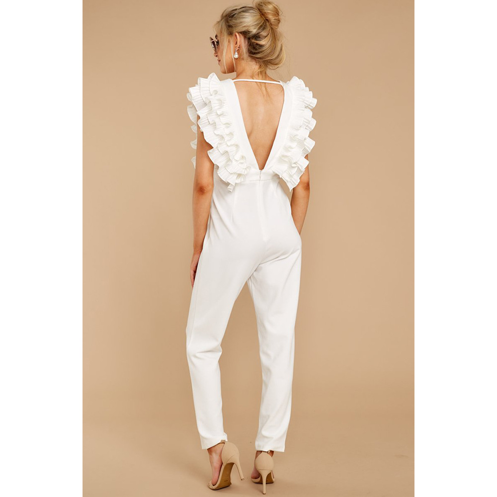 stitching fungus edge zipper open back deep V-neck solid color jumpsuit NSASL128378