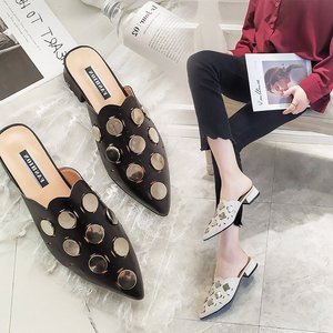 Half slipper women’s summer new metal disc low heel breathable women slippers Baotou thick heel