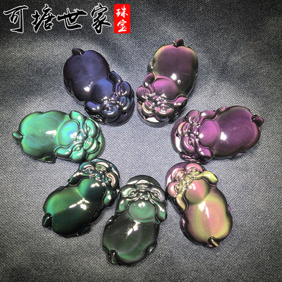 可塘世家珠宝天然彩虹眼黑曜石幸运猪吊坠生肖福猪项链吉祥物批发