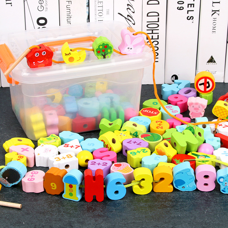 木质儿童穿线珠子玩具盒装数字字母动物积木串珠子1-3岁早教教具