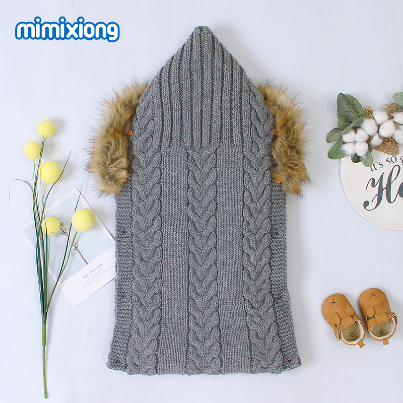 ins热卖款婴儿加绒加厚针织可爱毛领睡袋