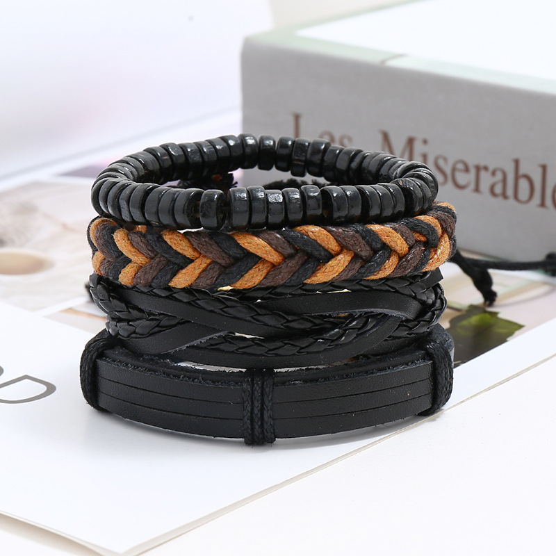 Cuentas De Madera Traje Pulsera Diy Hilo De Cera Pulsera Tejida Hombres Cuero Joyas display picture 1