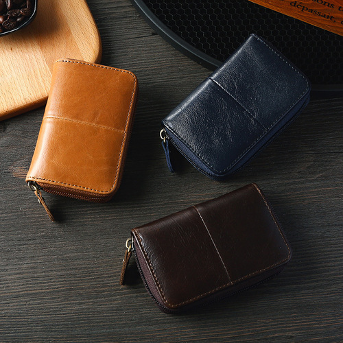 European and American RFID anti-magnetic first-layer cowhide card bag genuine leather zipper accordion card holder retro oil wax leather coin purse card bag