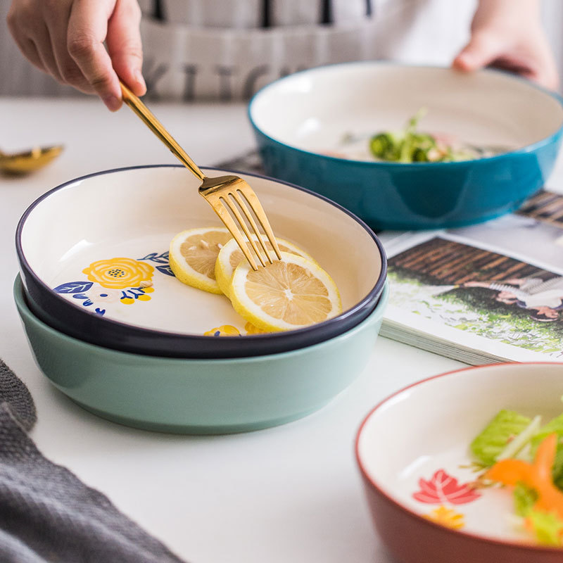 Huafu creativo pintado a mano cuatro estaciones plato de sopa de cerámica de estilo europeo plato hondo plato doméstico plato redondo plato grande plato de ensalada