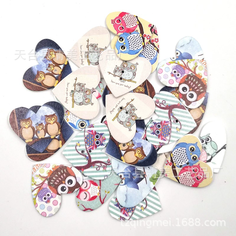 DIY painted wooden owl peach heart wood buttons for children's handmade buttons for 50 per pack