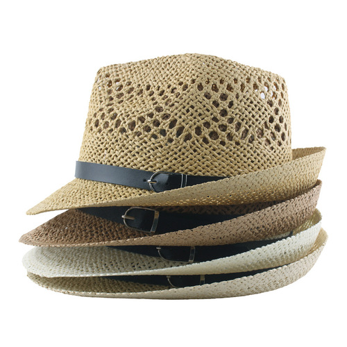 Middle-aged and elderly summer hand-woven hollow straw paper hat belt buckle casual curled jazz hat sun protection hat