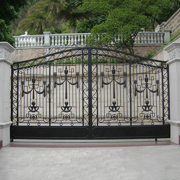 Foshan factory European-style iron gate garage electric side-to-side forged solid iron garden entrance gate