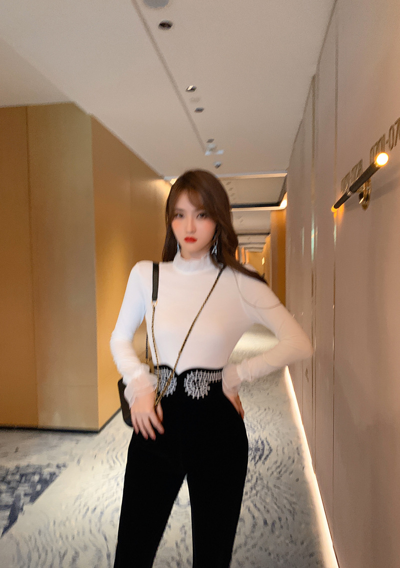 Quần nhung nữ cạp cao họa tiết thêu ống skinny — Màu đen chi tiết 13
