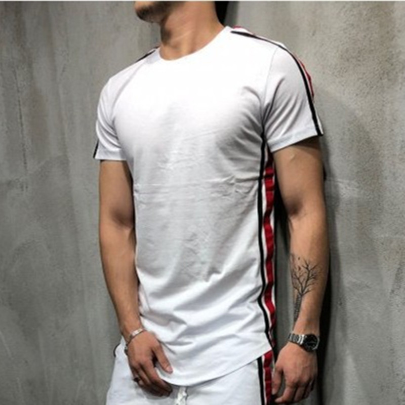 10551266039 979552749 - Paneled striped round neck short sleeve T-shirt