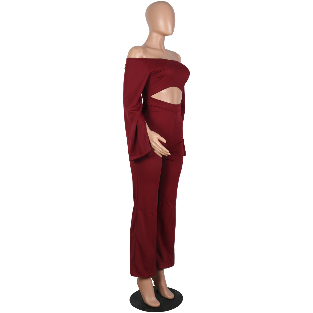 Boutique Casual Solid Color Long Sleeves Cropped off Shoulder Jumpsuit