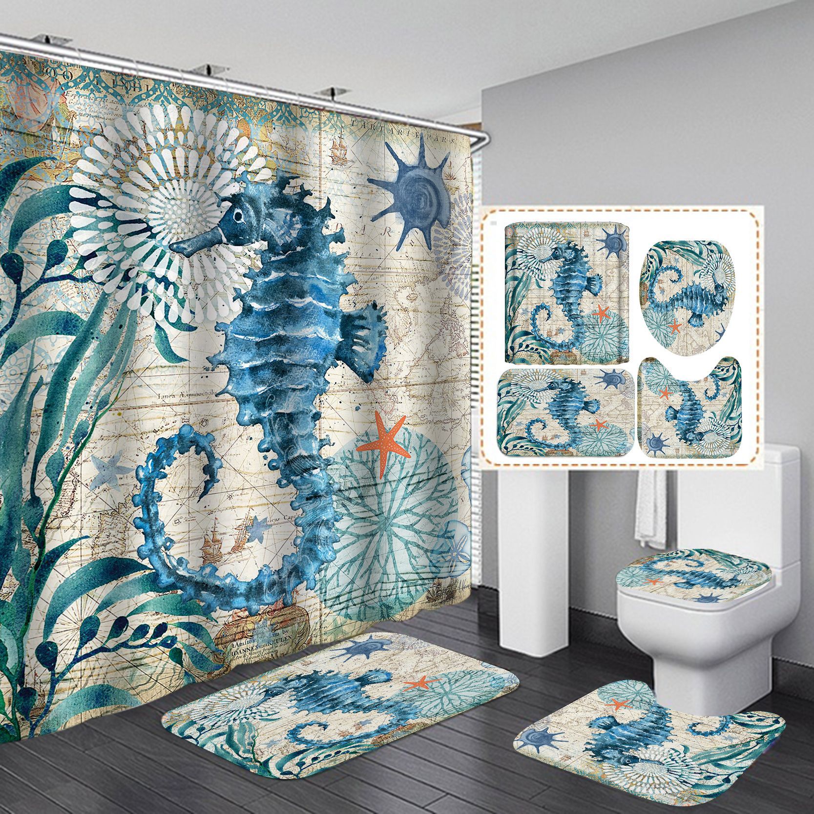 Amazon Cross-border Direct Supply Digital Printing Waterproof Polyester Ocean Animal Shower Curtain Factory Direct Supply Shower Curtain Wholesale