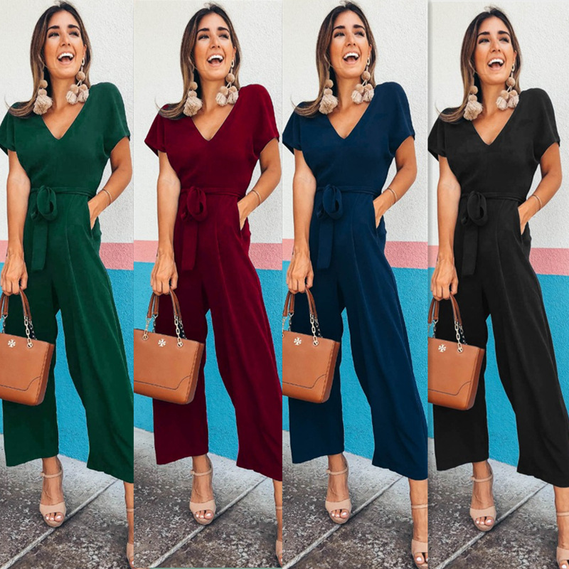 Cross-border women's Amazon wish2019 summer short-sleeved V-neck jumpsuit temperament casual wear