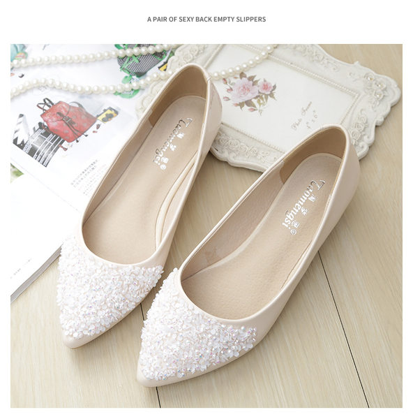 Giày bệt nữ mũi nhọn miệng nông đính sequin và đá pha lê, đế mềm nhẹ nhàng — Màu mơ, Màu đen