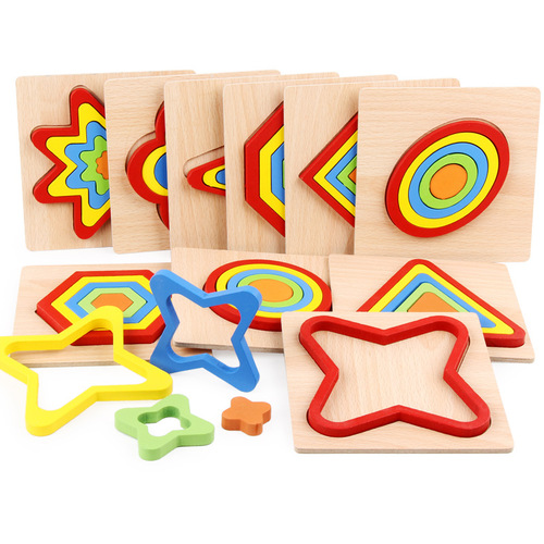 Children's educational cognitive shape three-dimensional puzzle early childhood education wooden color geometric puzzle combination toy