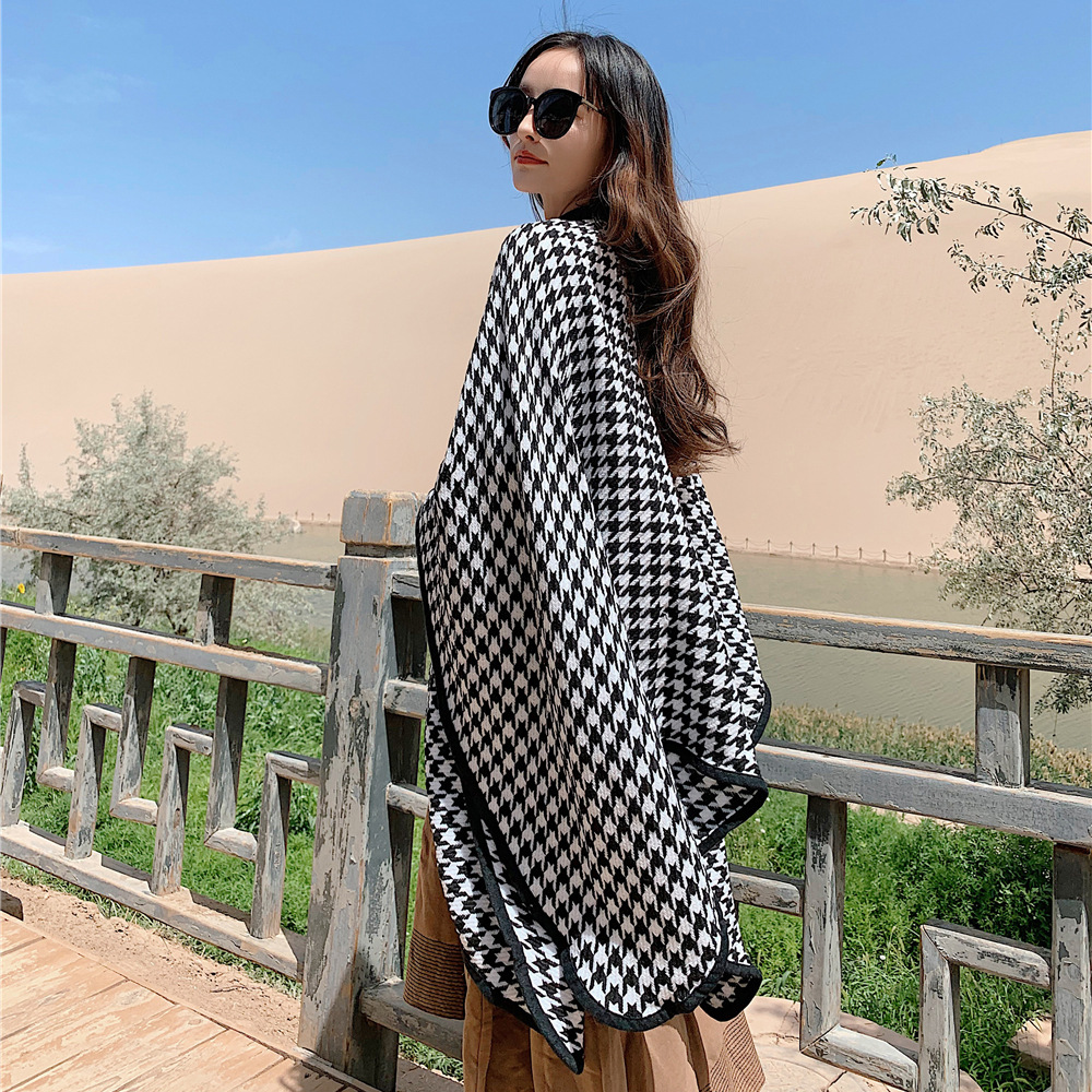 Houndstooth Retro Warmth Thick Knitted Imitation Cashmere Shawl NSCM101057