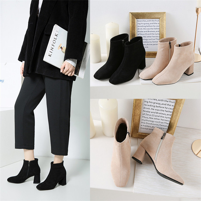 new leather Plush thick heel Korean style all-around high heel 