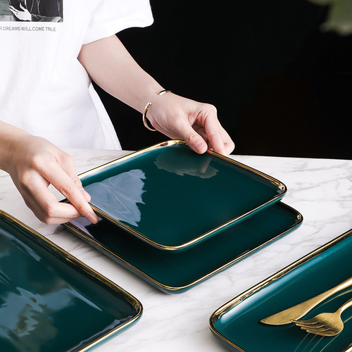 Nordic gold edge ceramic tableware dark green square bowl plate steak plate dessert plate salad bowl hotel storage tray tray