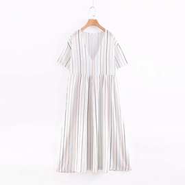速卖通EBay跨境专供夏季新款欧美风女裙子条纹印花V领短袖连衣裙