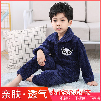 2020 Spring new pattern Flannel children pajamas Boy Navy Blue Pineapple velvet Cartoon Home service package