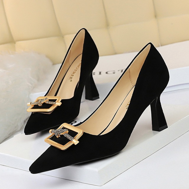 high heel suede shallow mouth pointed water drill square