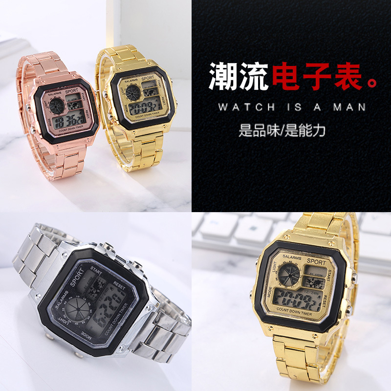 外贸爆款LCD时尚七彩冷光运动休闲时尚潮流电镀壳钢带电子手表|ru