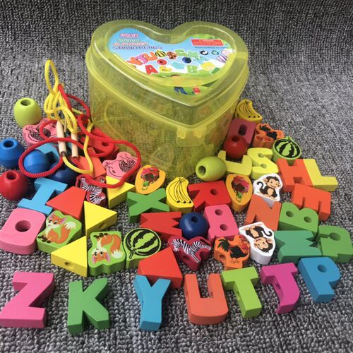 Love box beaded wooden early education infant hand-eye coordination toy beaded fruit animal threading beads