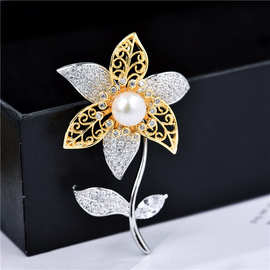 韩版天然淡水珍珠花朵胸针铜微镶锆石双色花高档胸花时尚大气配饰