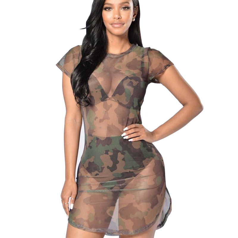 亚马逊2021欧美透视装 夏镂空短袖夜店舞台表演服 迷彩网纱连衣裙