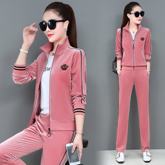 金絲絨套裝女春秋2022新款時尚韓版大碼立領開衫運動休閒三件套潮