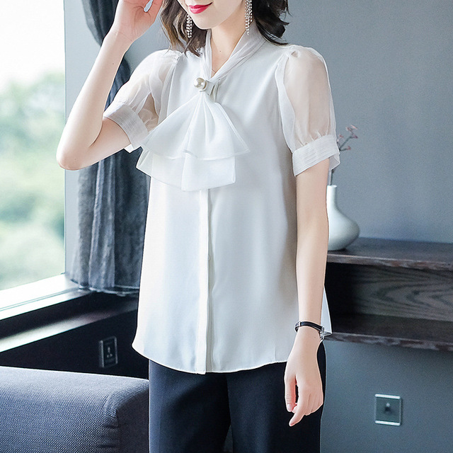 New oversize bow-knot blouse bubble sleeves short sleeves shirts