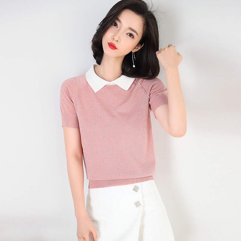 2021 Summer new simple solid color lapel sweater female bright silk short-sleeved T-shirt knit polo shirt female
