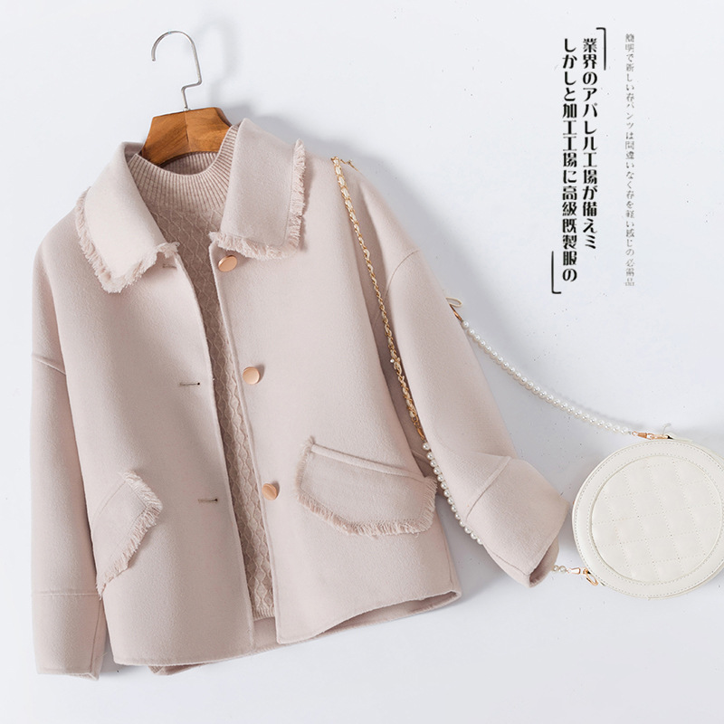 新款女士双面呢外套韩国短娃娃领毛呢大衣 双面羊毛大衣厂家批发|ru