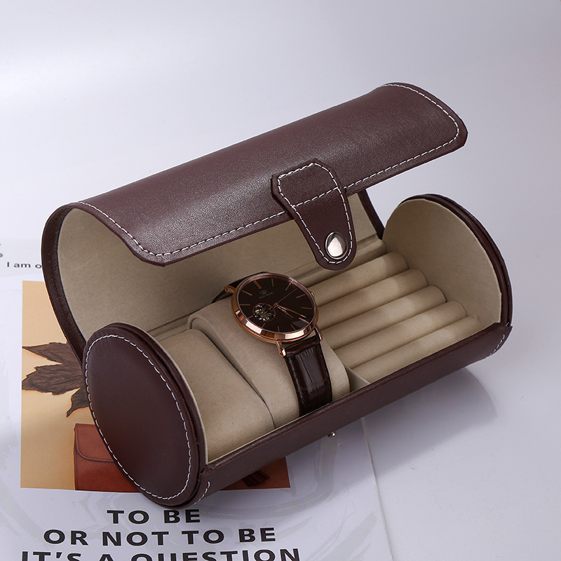 复古圆筒手表盒 高等皮革手表展示收纳盒 商务皮扣3位手表收藏盒