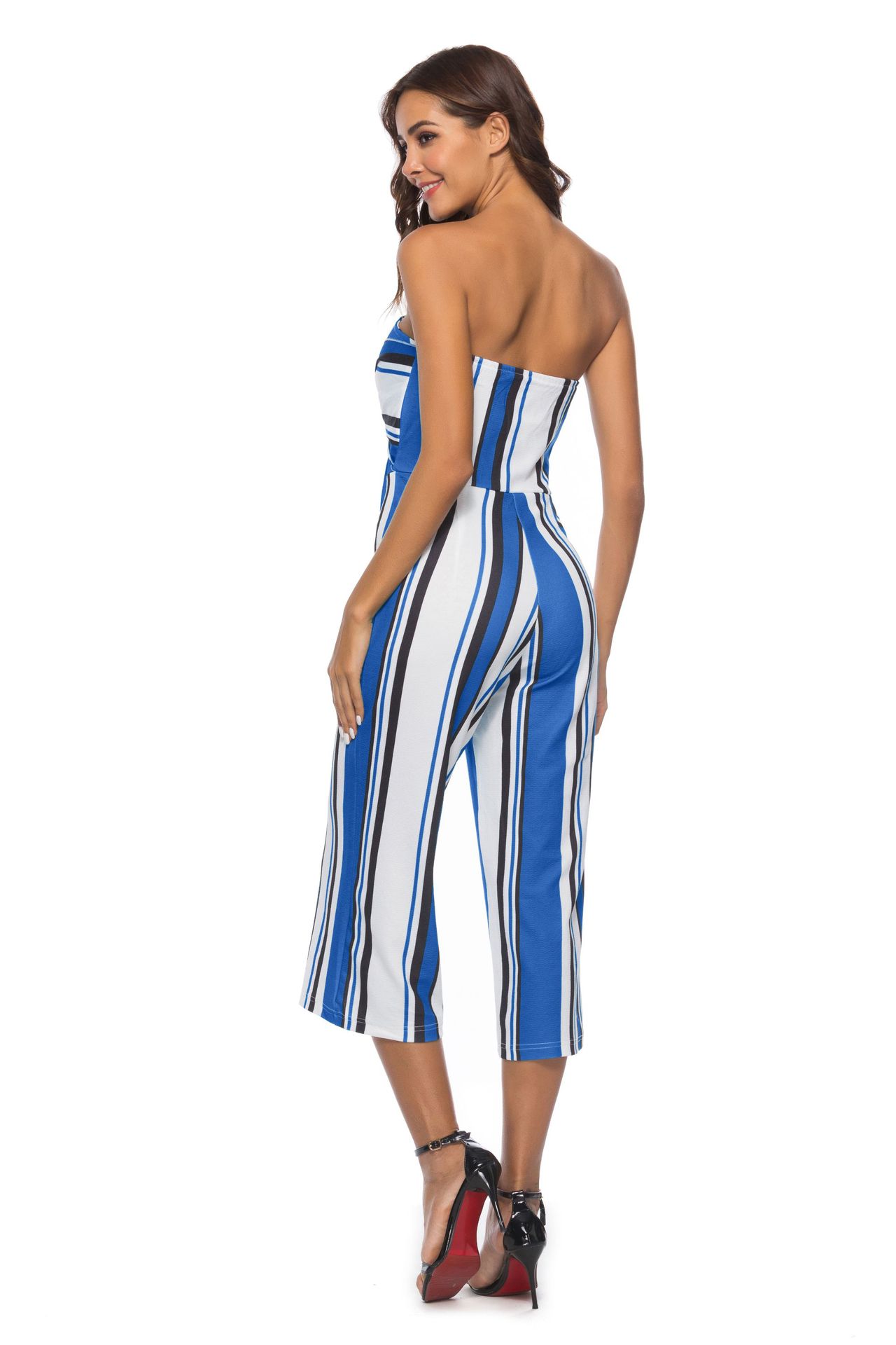 tie bow contrast striped long jumpsuit  NSDY34897